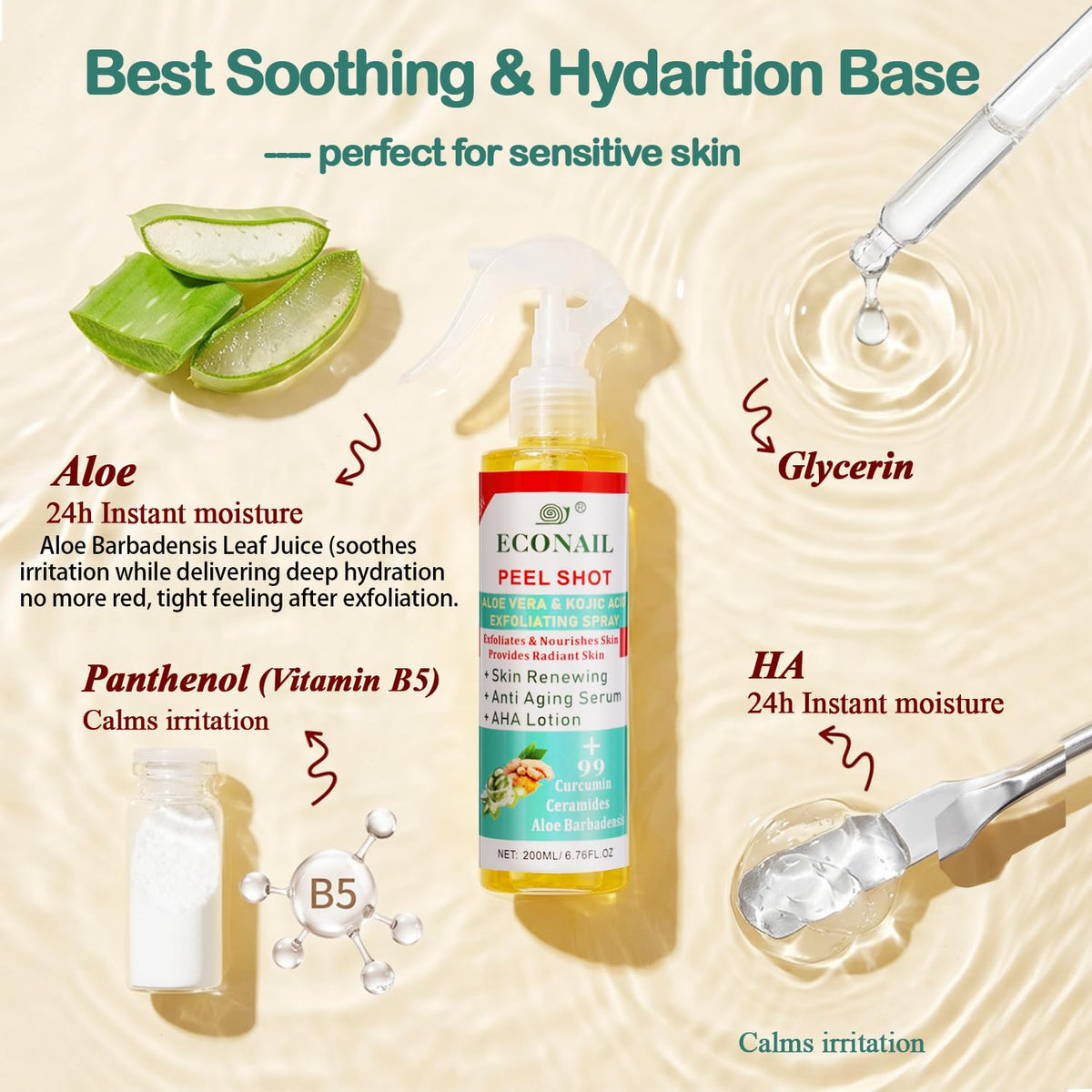 Econail ingredients montage with turmeric and aloe highlighting brightening benefits