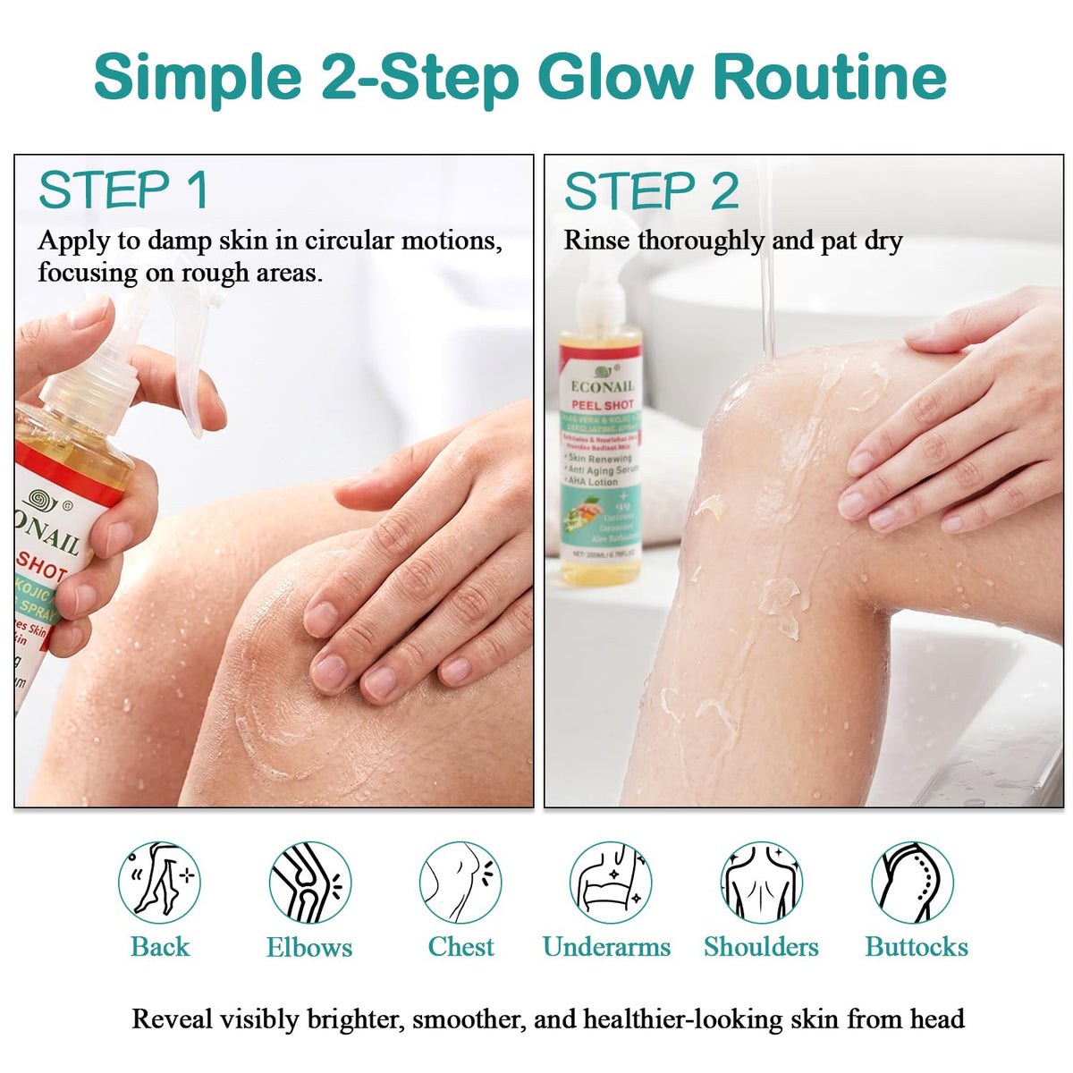 Econail spray applied to elbow showing targeted smoothing benefit
