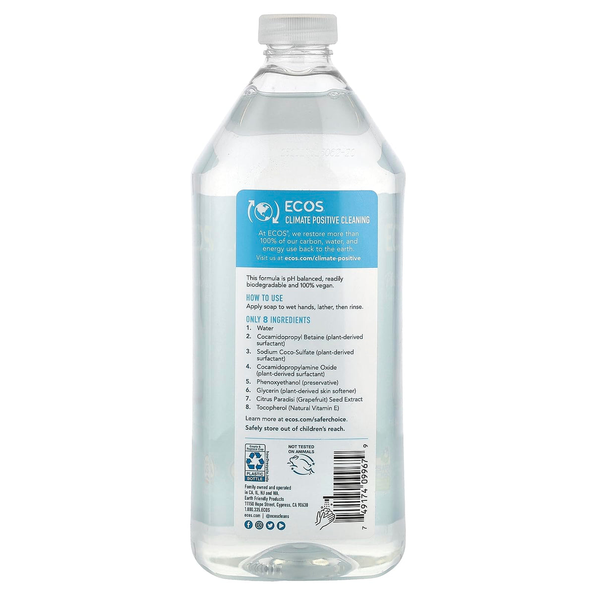 ECOS pouch being poured into dispenser, showing refill ease and waste reduction