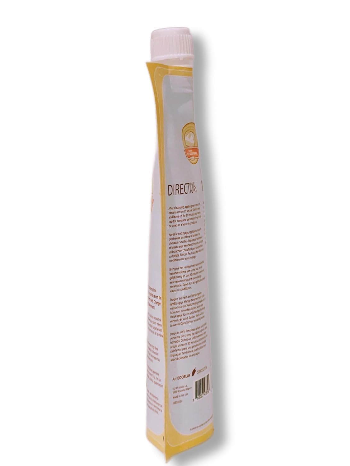 Ecoslay Banana Cream tub held in hand to show scale and travel-friendly 8 oz benefit