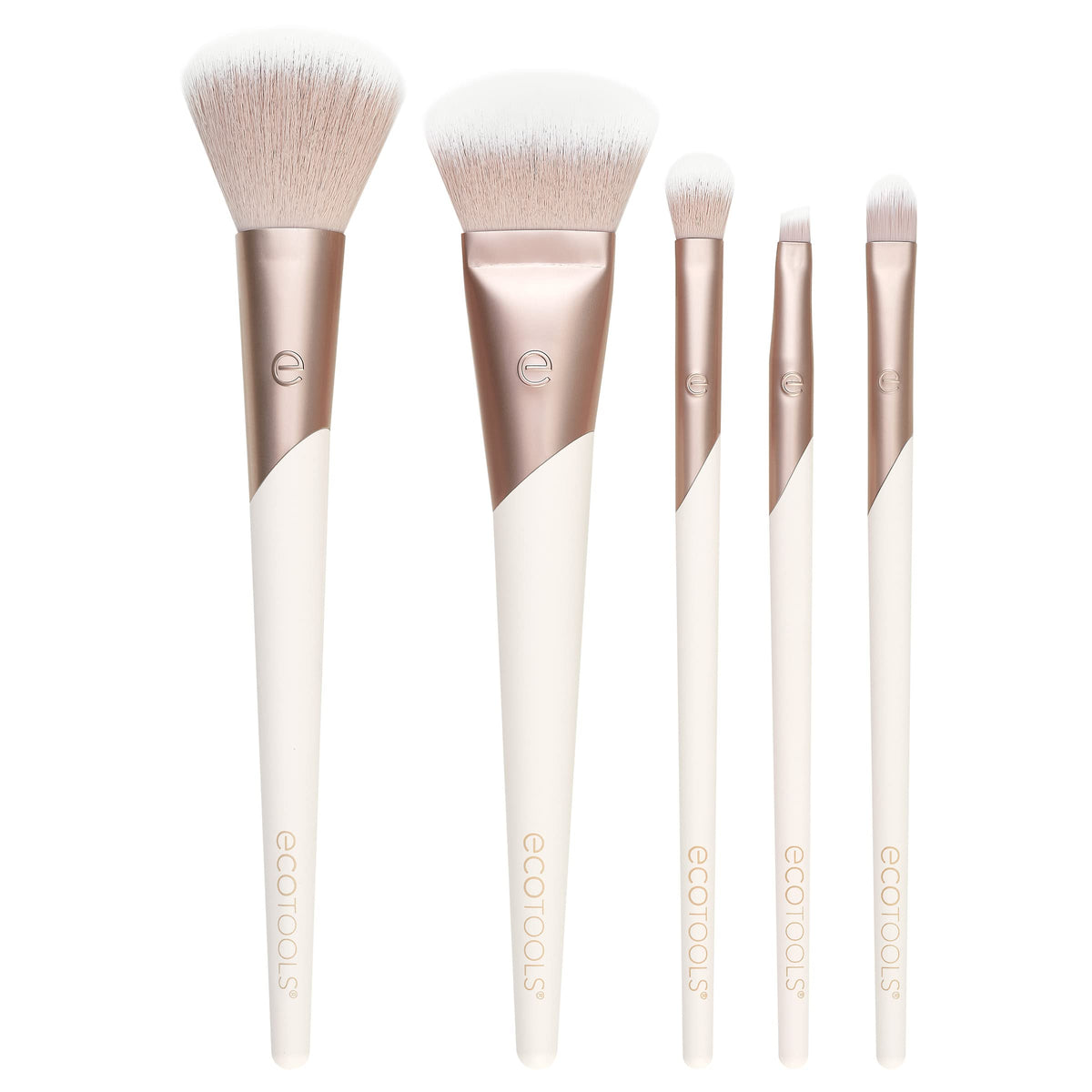 EcoTools front view of five-piece luxe brush set shows organized tools and sustainable design benefits