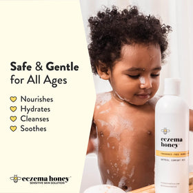 ECZEMA HONEY bottle pouring foam into bathtub to show moisturizing bubble bath benefit