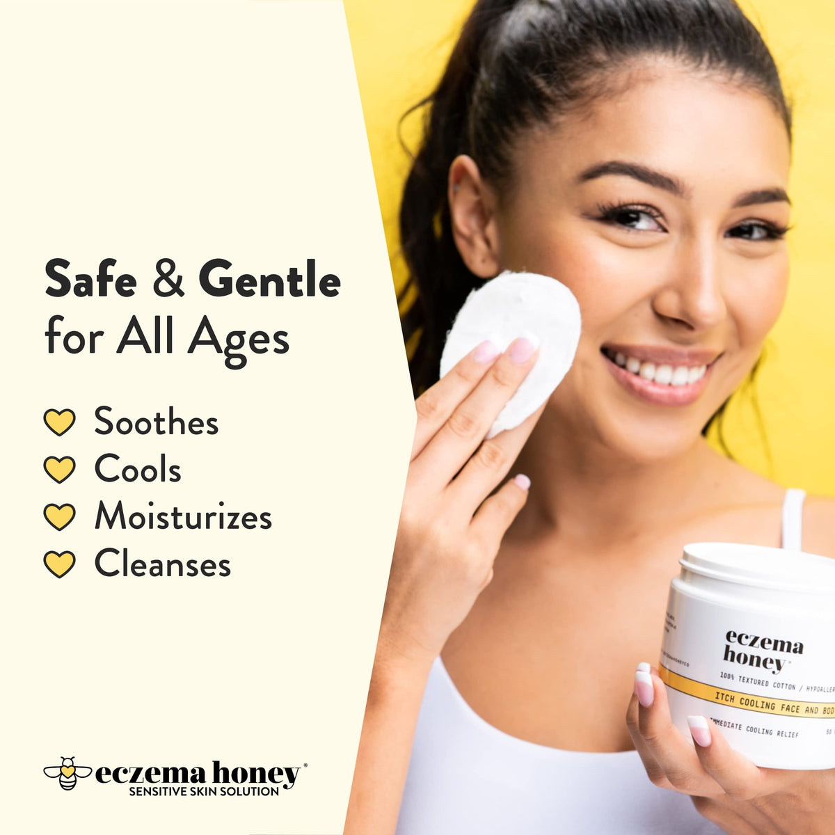 ECZEMA HONEY pad applied to cheek demonstrating cooling and quick relief