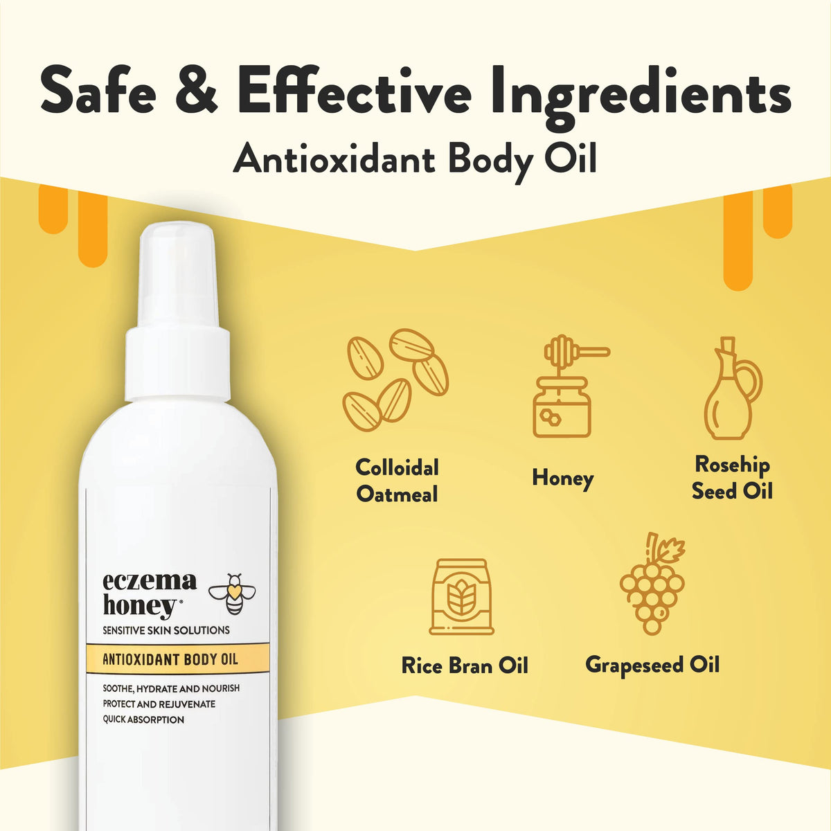 ECZEMA HONEY close-up oil texture on fingertip showing lightweight absorption