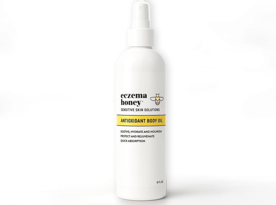 ECZEMA HONEY front spray bottle showing label and easy-pump, promotes quick application