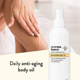 ECZEMA HONEY bottle on bathroom shelf in lifestyle scene suggesting daily routine