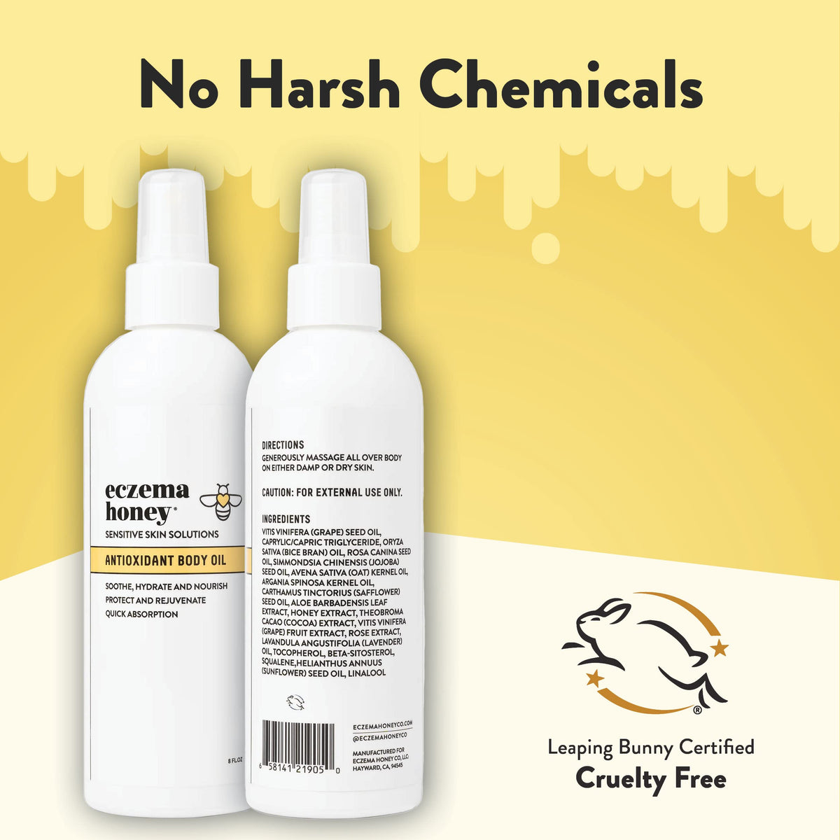 ECZEMA HONEY 8 fl oz bottle next to hand to show true size and portability