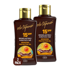 Eda Taşpınar front packaging showing travel-size bronzing oil and benefits