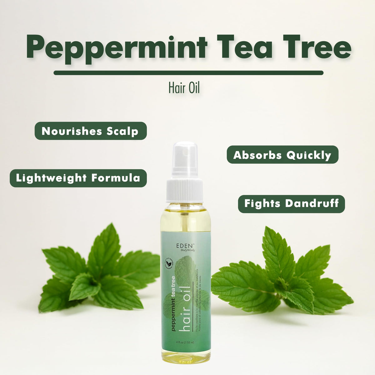 EDEN BodyWorks label close-up highlighting peppermint and tea tree