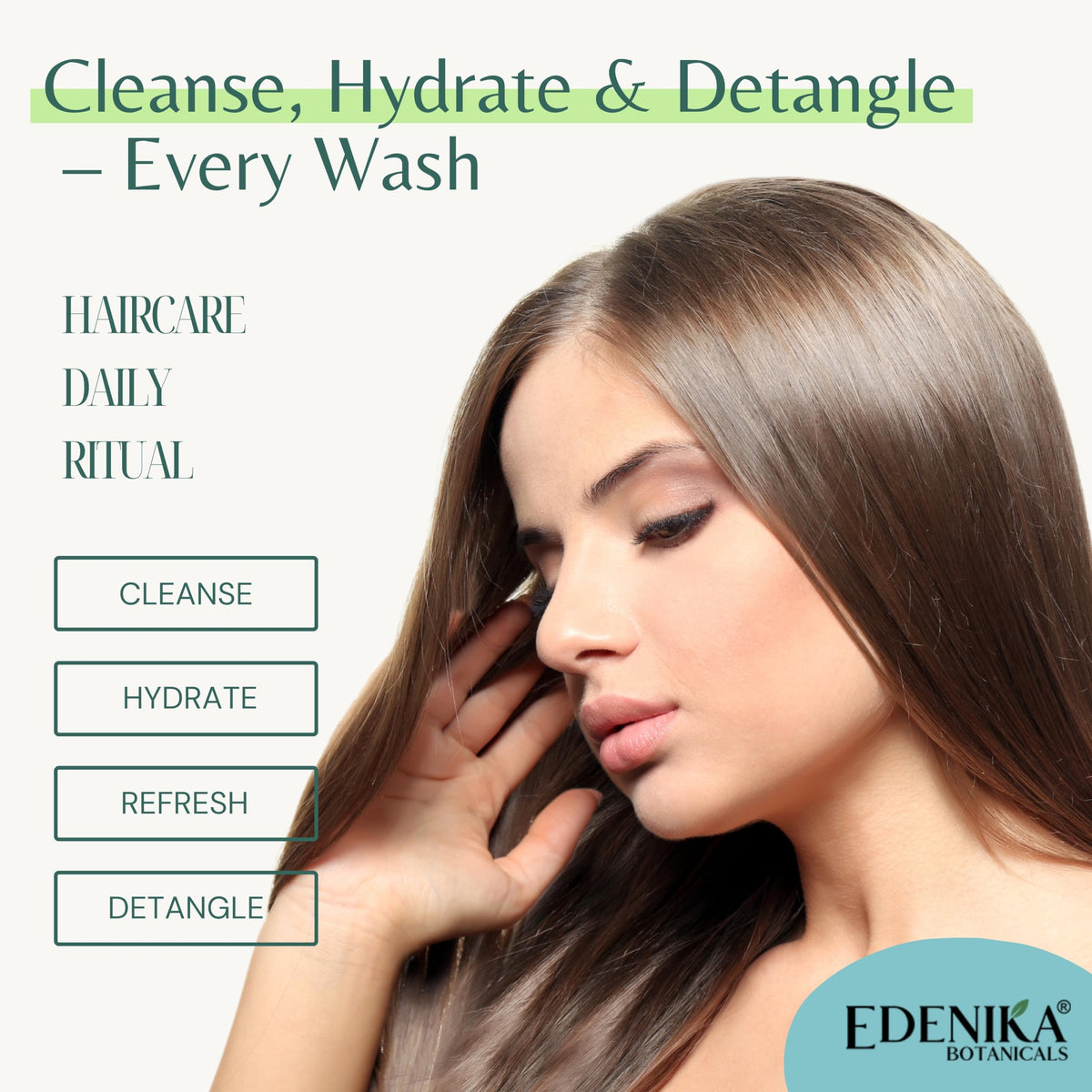 EDENIKA BOTANICALS dry styled hair after use showing added volume and shine