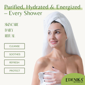 EDENIKA BOTANICALS bottle in shower scene illustrating daily use and freshness