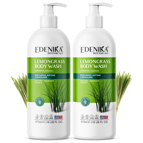 EDENIKA BOTANICALS front packaging showing lemongrass bottles and clear labeling benefit
