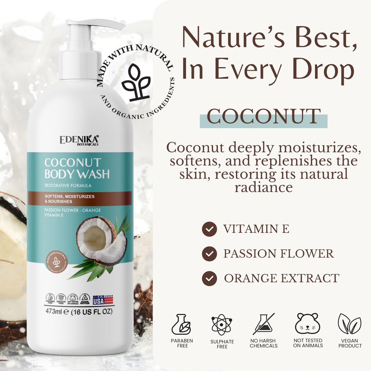 EDENIKA BOTANICALS ingredients display highlighting coconut oil and niacinamide benefits