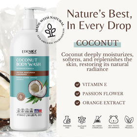 EDENIKA BOTANICALS ingredients display highlighting coconut oil and niacinamide benefits