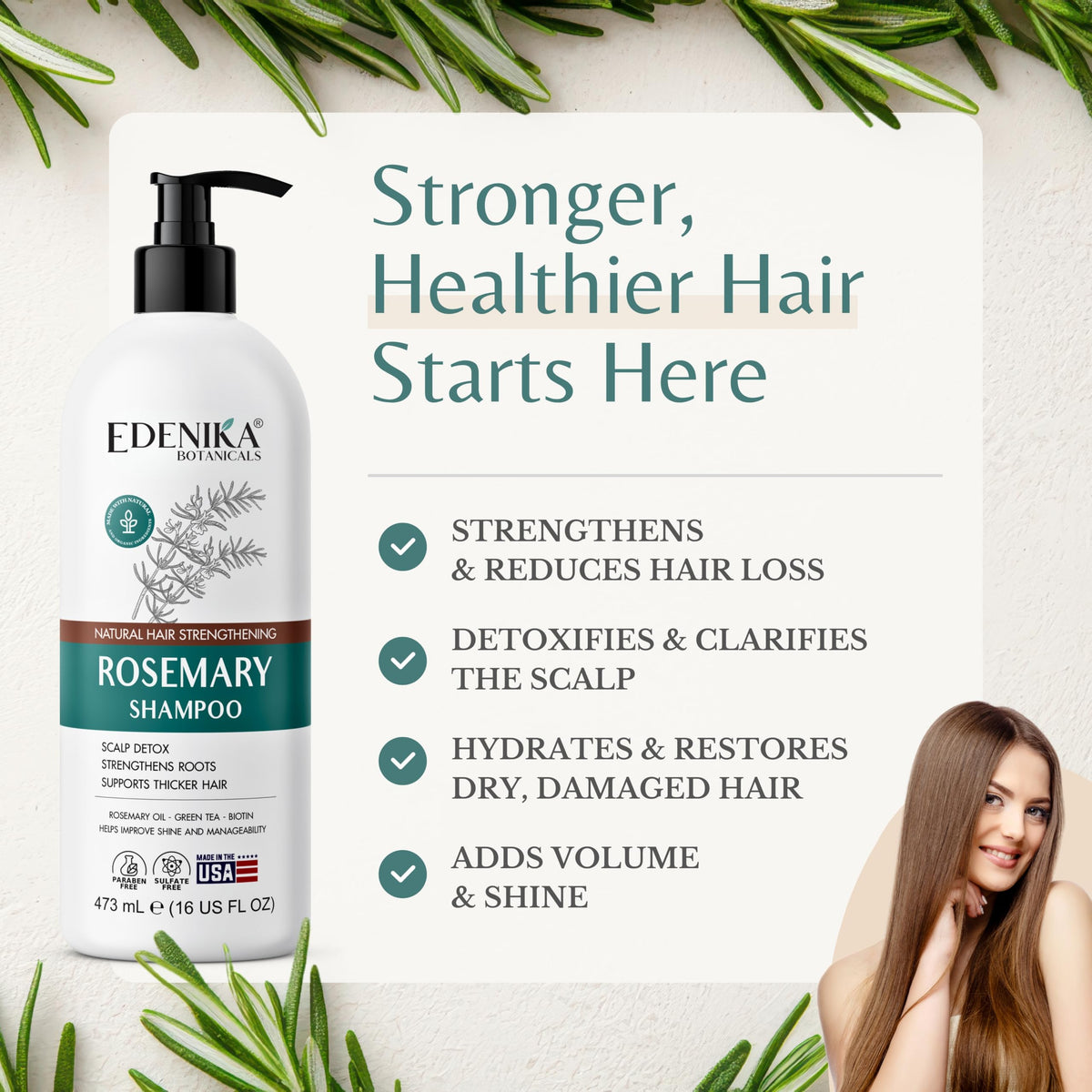 Edenika Botanicals label close-up highlighting rosemary and biotin benefits