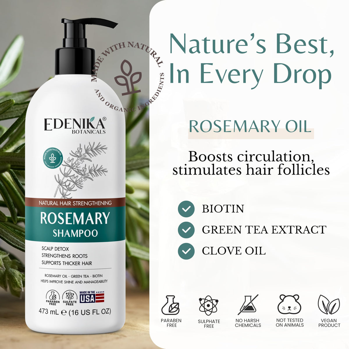 Edenika Botanicals 16 fl oz bottle next to a ruler for size comparison