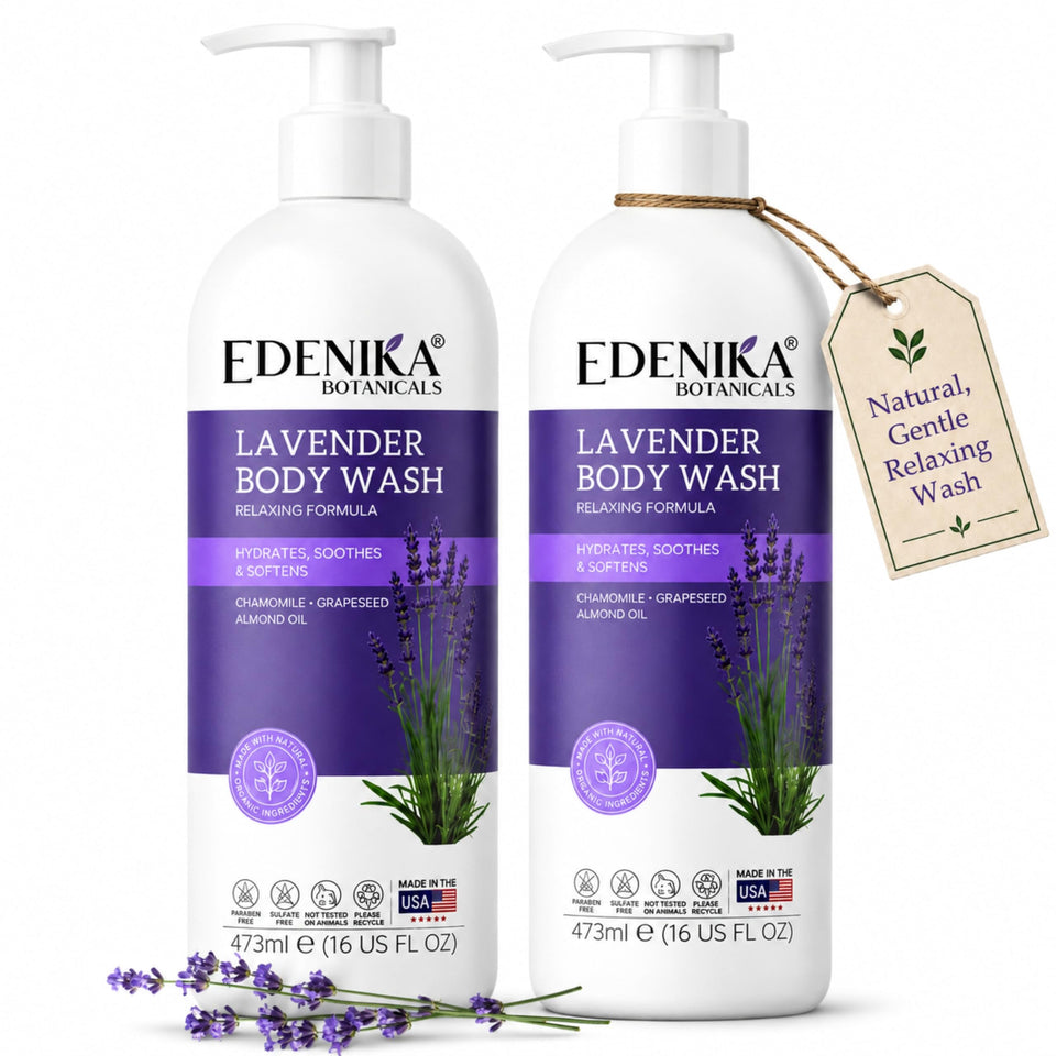 Edenika Botanicals front label showing calming lavender and vitamin E benefits