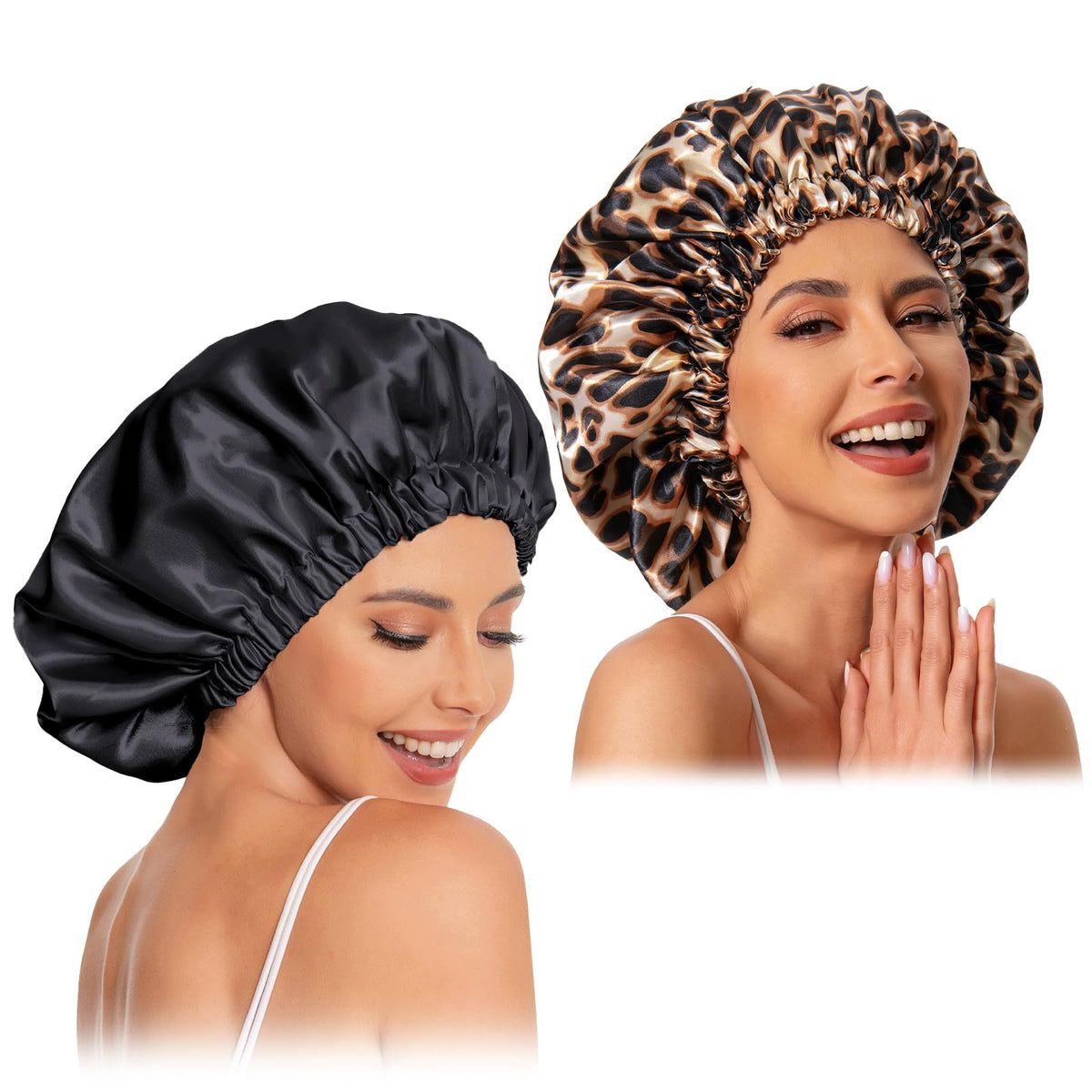 Edoneery bonnet front view showing black and leopard reversible design for style