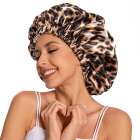 Edoneery leopard bonnet front view shows pattern and secure fit benefits hair protection