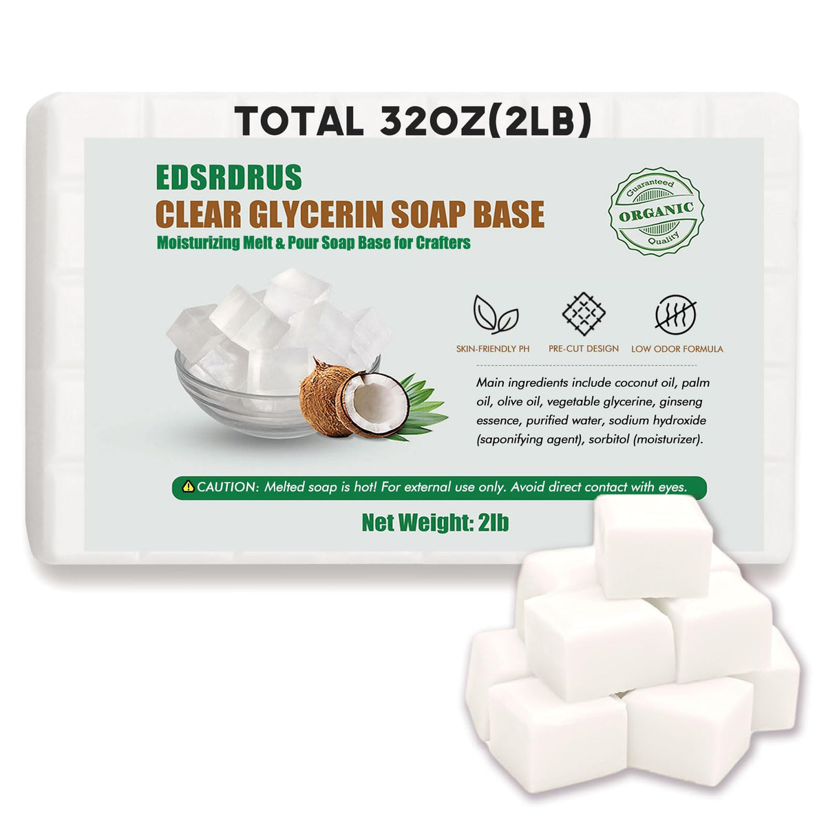 EDSRDRUS front packaging showing 2lb unscented glycerin soap base for easy crafting