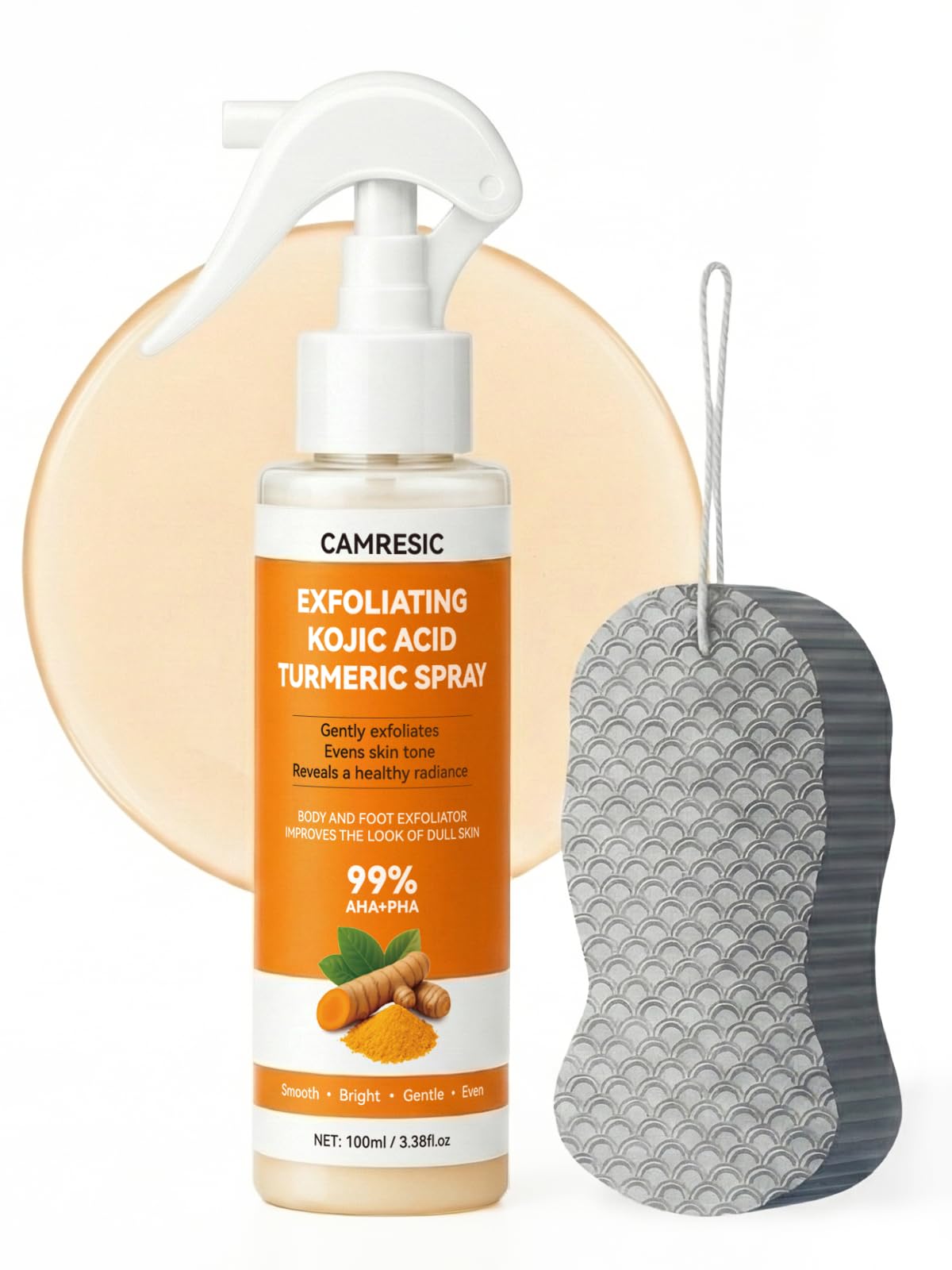 EELHOE front packaging of exfoliating body spray showing bottle benefit