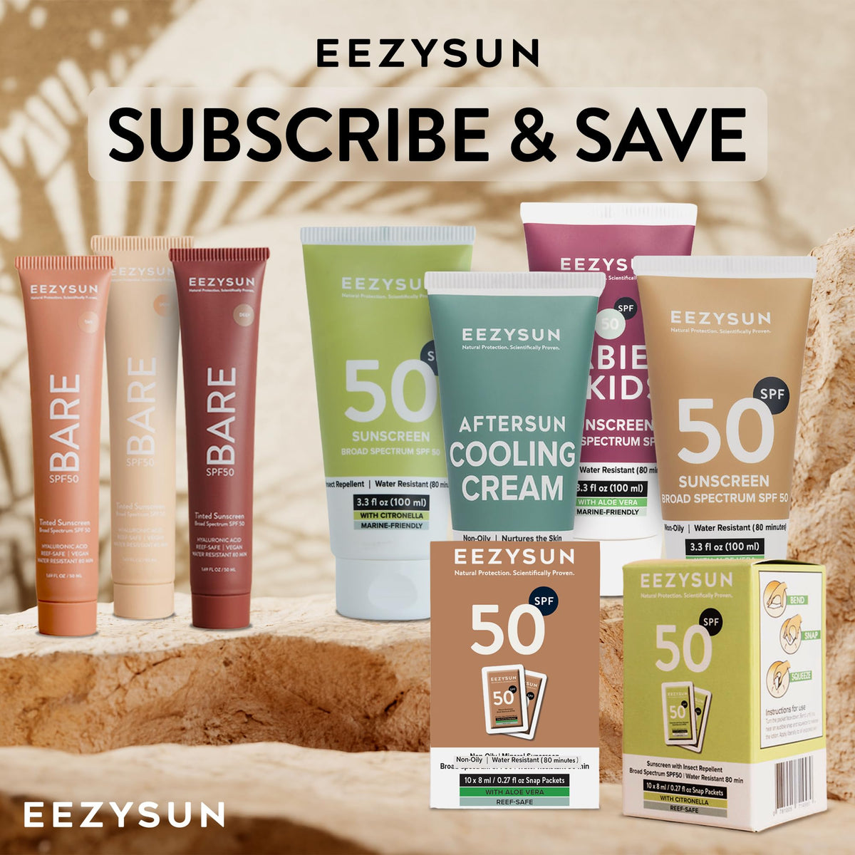 EEZYSUN packets inside travel kit demonstrating pocket-friendly portability