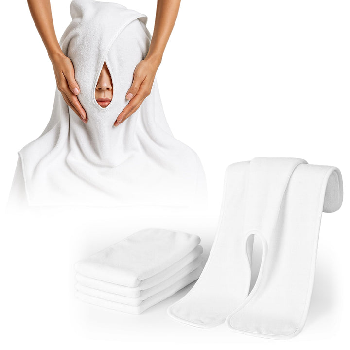 Efforest front view of five white facial towels showing clean spa-ready pack