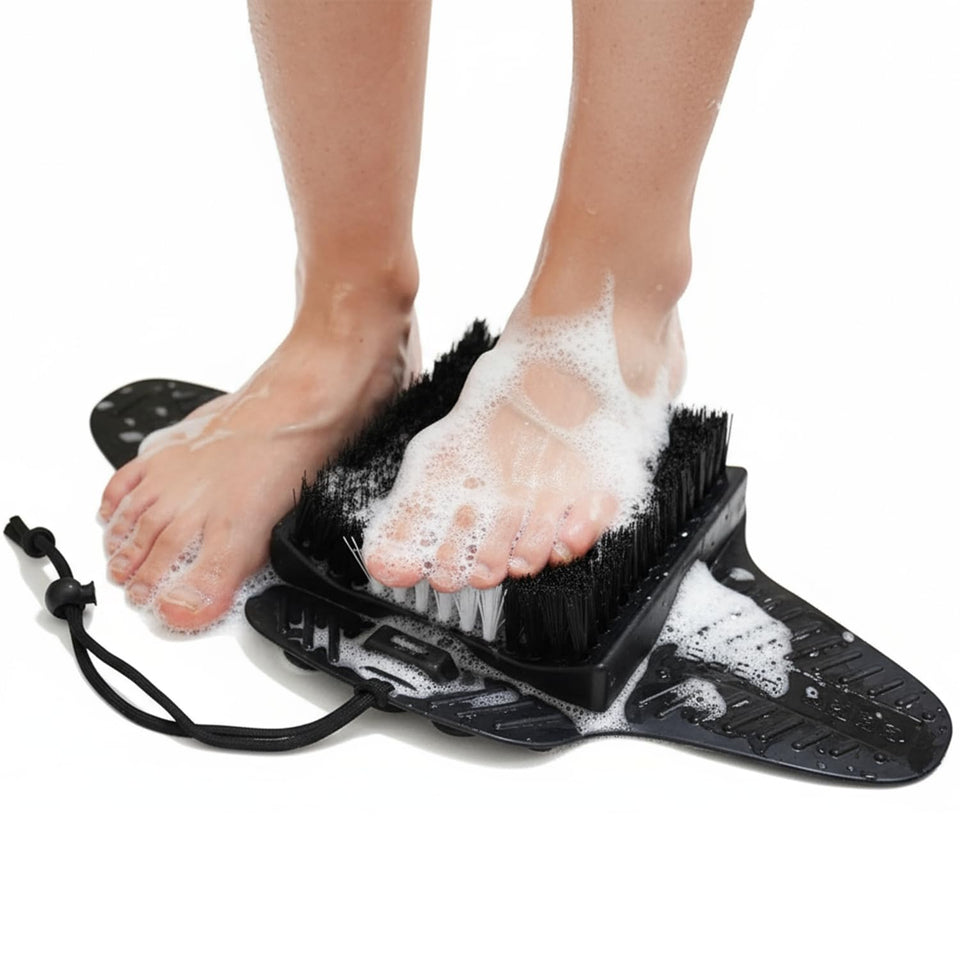 Efforest front view of black scrubber mat showing shape and features for easy foot care