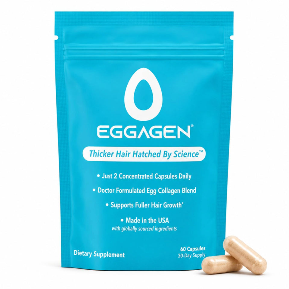 Eggagen front packaging showing branding and benefits for fuller hair