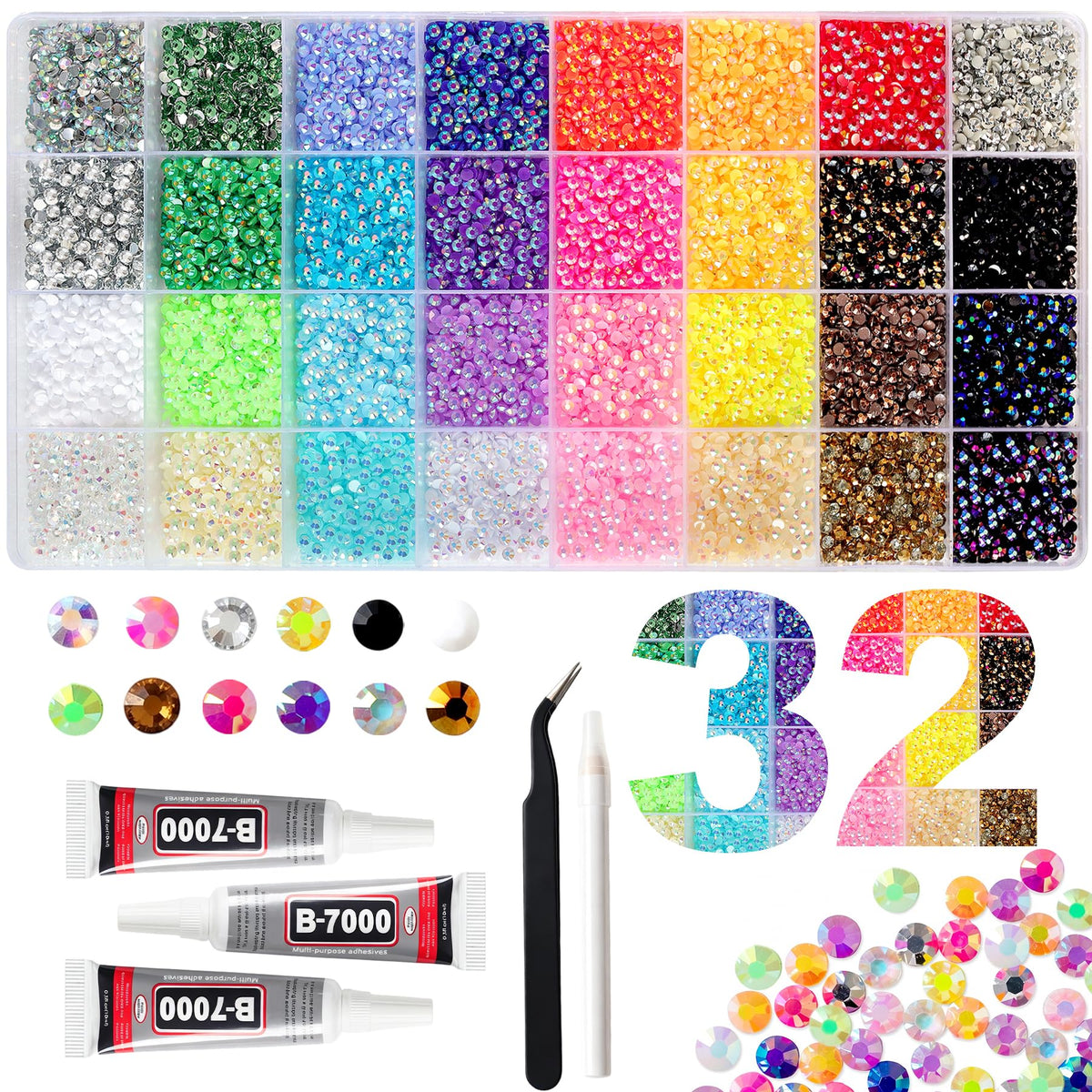 EGKamh organizer box filled with 32 color compartments and 45000 rhinestones for quick selection
