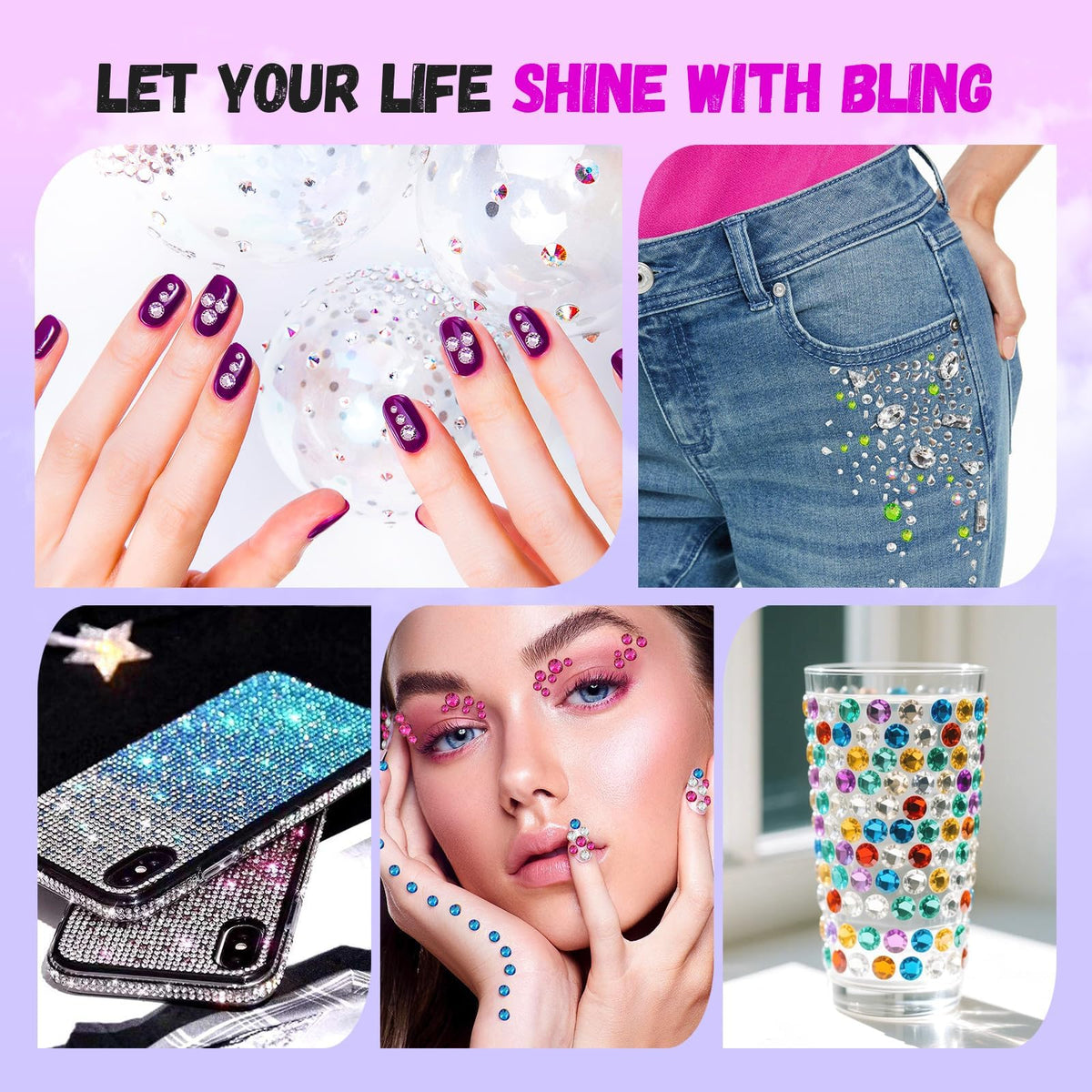 EGKamh lifestyle scene of a craft table and finished bejeweled phone case