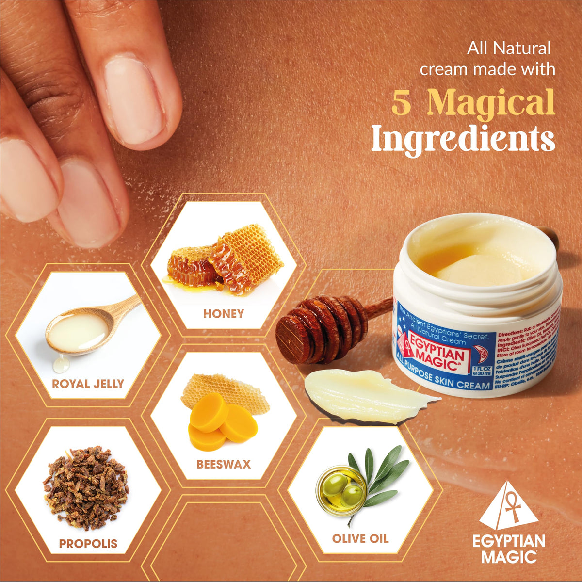 Open Egyptian Magic jar top view showing smooth balm surface and natural ingredient appeal