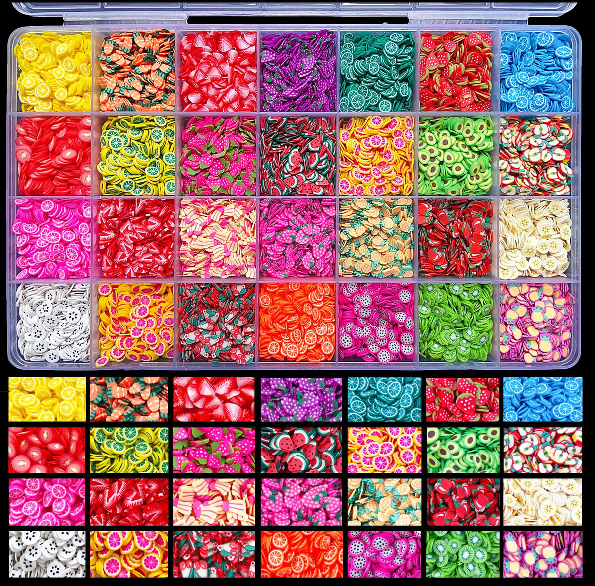 EHOPE clear box front view showing organized 28-grid fruit slices and convenience