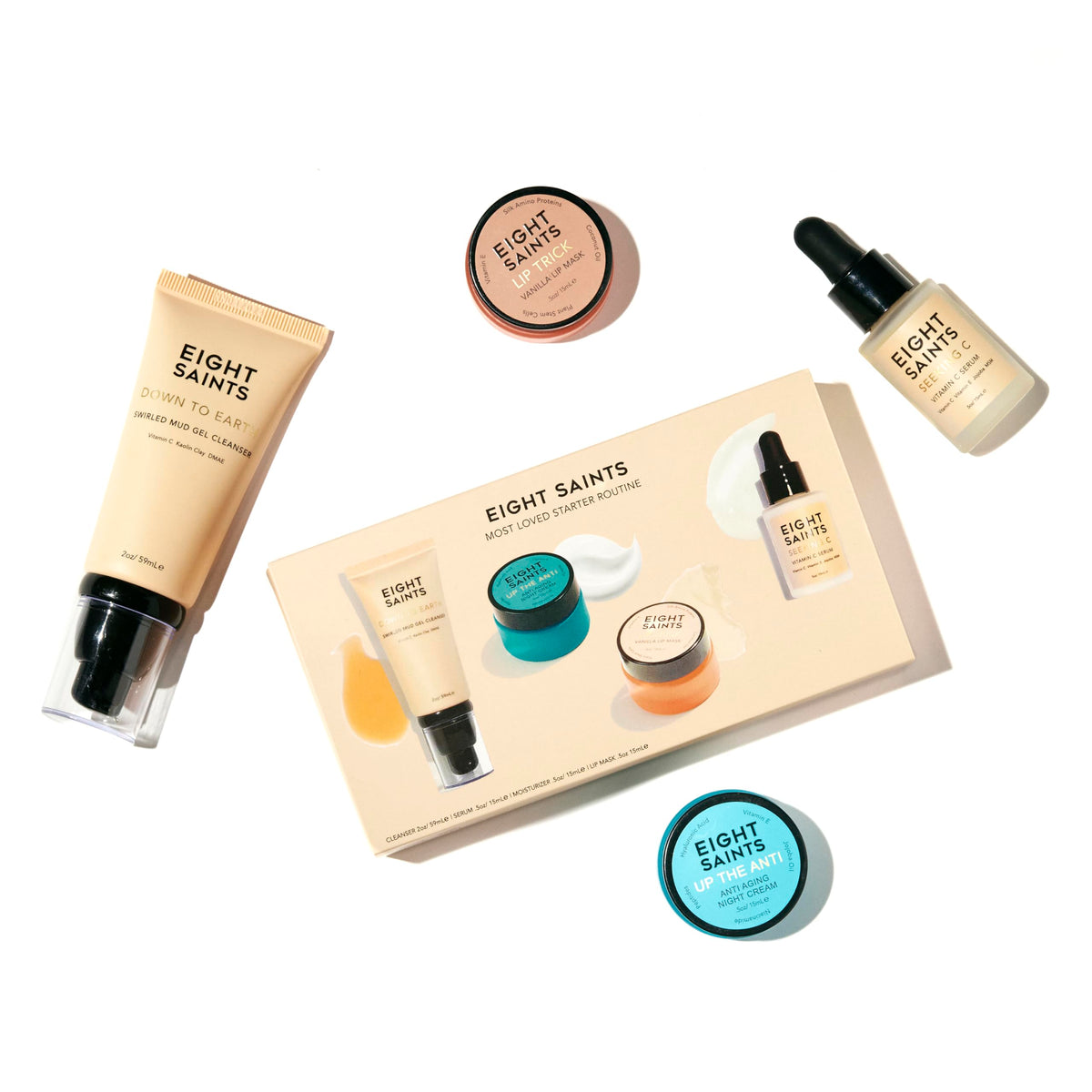 Eight Saints front packaging showing all four products and gift-ready presentation