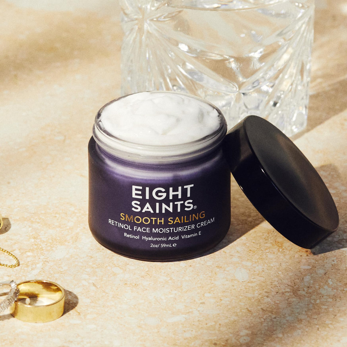 Eight Saints open jar top view revealing cream consistency and ease of scooping for use