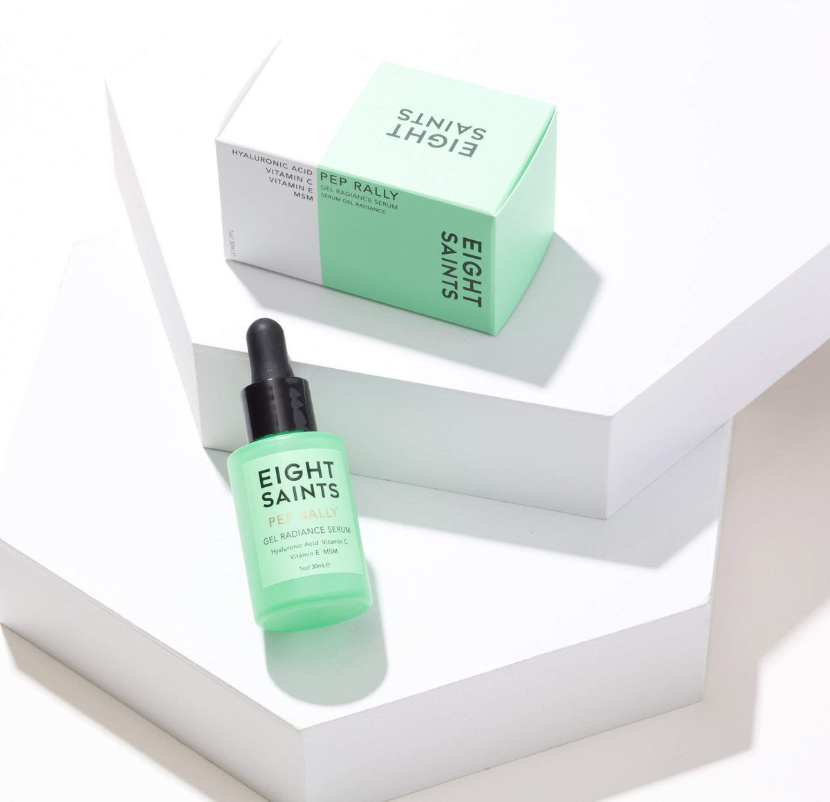 Eight Saints dropper dispensing clear serum, precise application benefit
