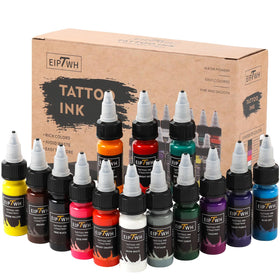 EIPTWH front packaging showing 14 vibrant tattoo ink bottles and practical palette