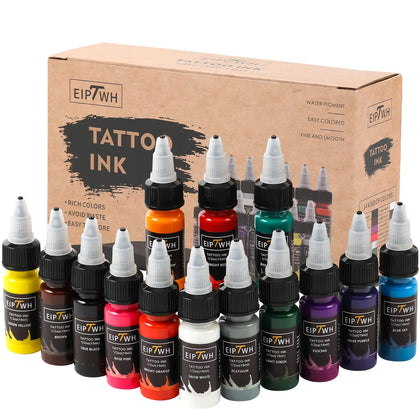 EIPTWH front packaging showing 14 vibrant tattoo ink bottles and practical palette