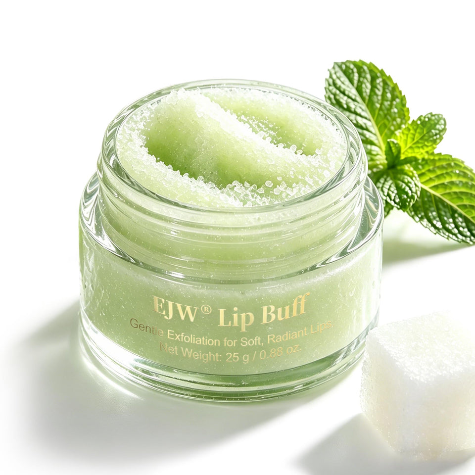 EJW jar front view showing mint lip scrub for smooth lips