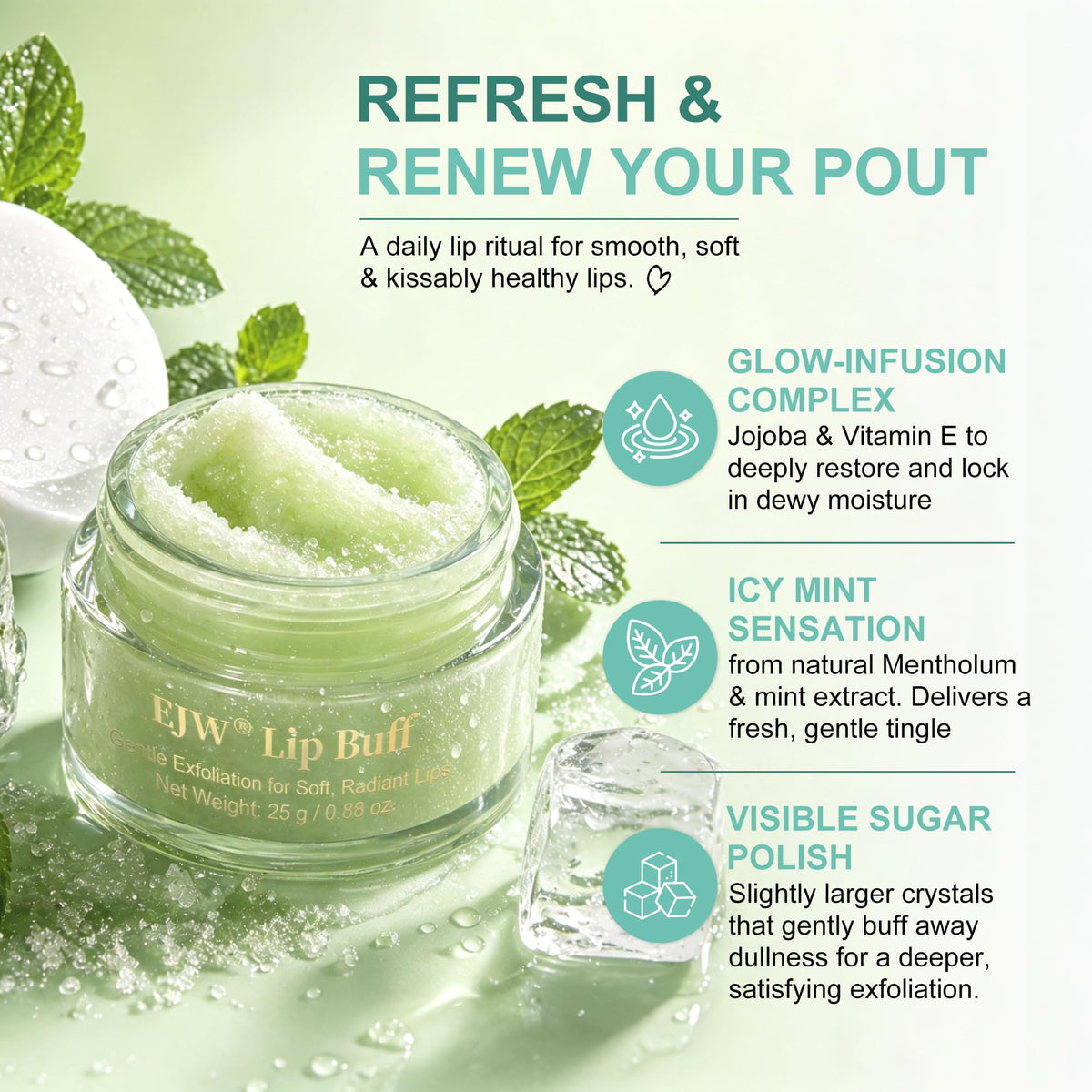 EJW close-up of sugar texture and mint crystals for effective exfoliation