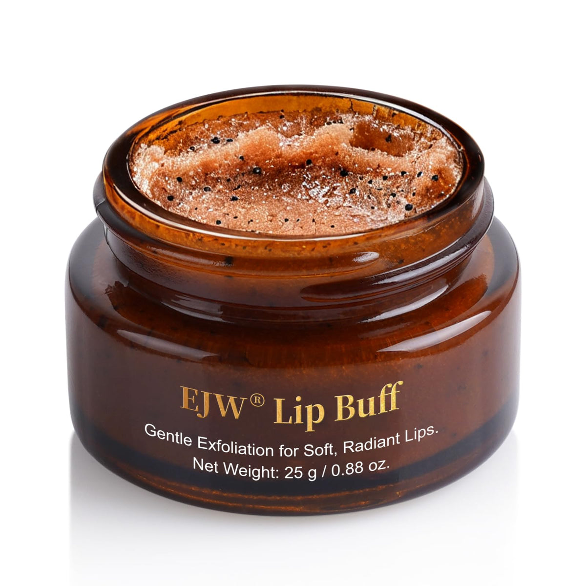 EJW lip scrub jar front showing product and clean packaging benefits