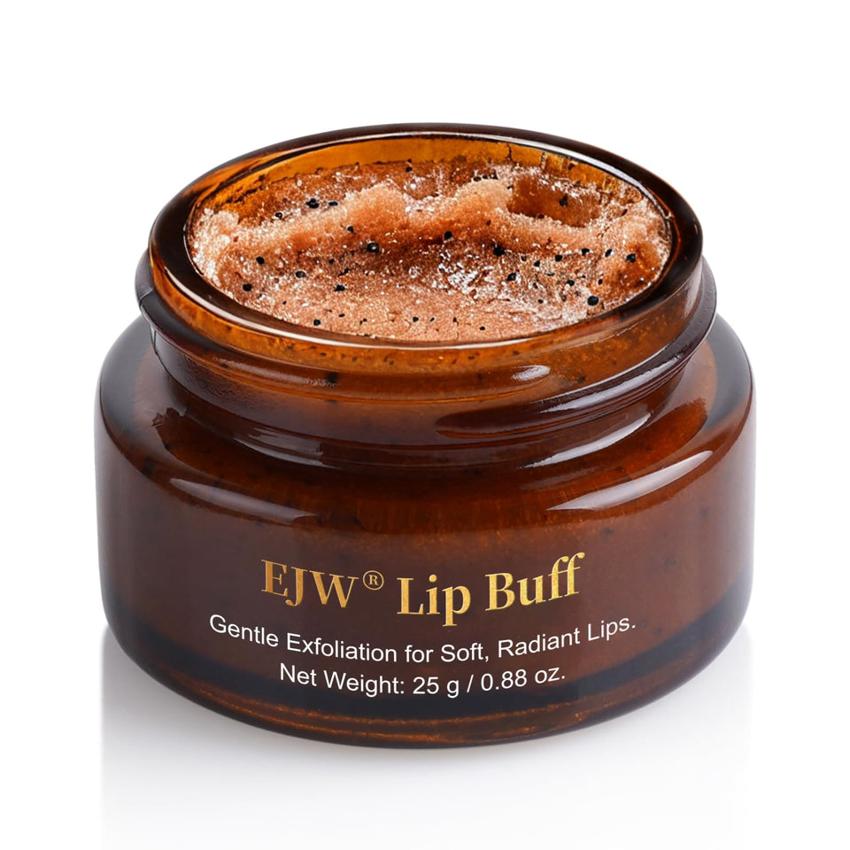 EJW lip scrub jar front showing product and clean packaging benefits