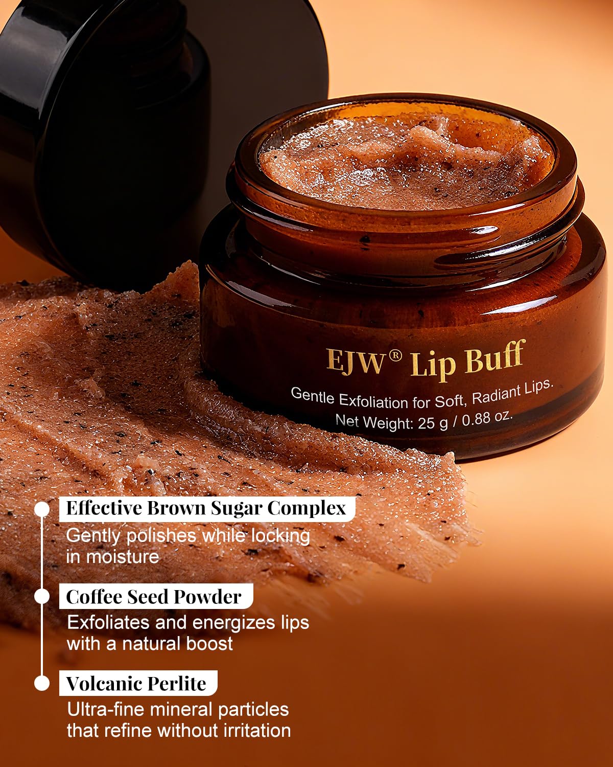 EJW close-up texture of brown sugar, coffee and perlite for gentle exfoliation