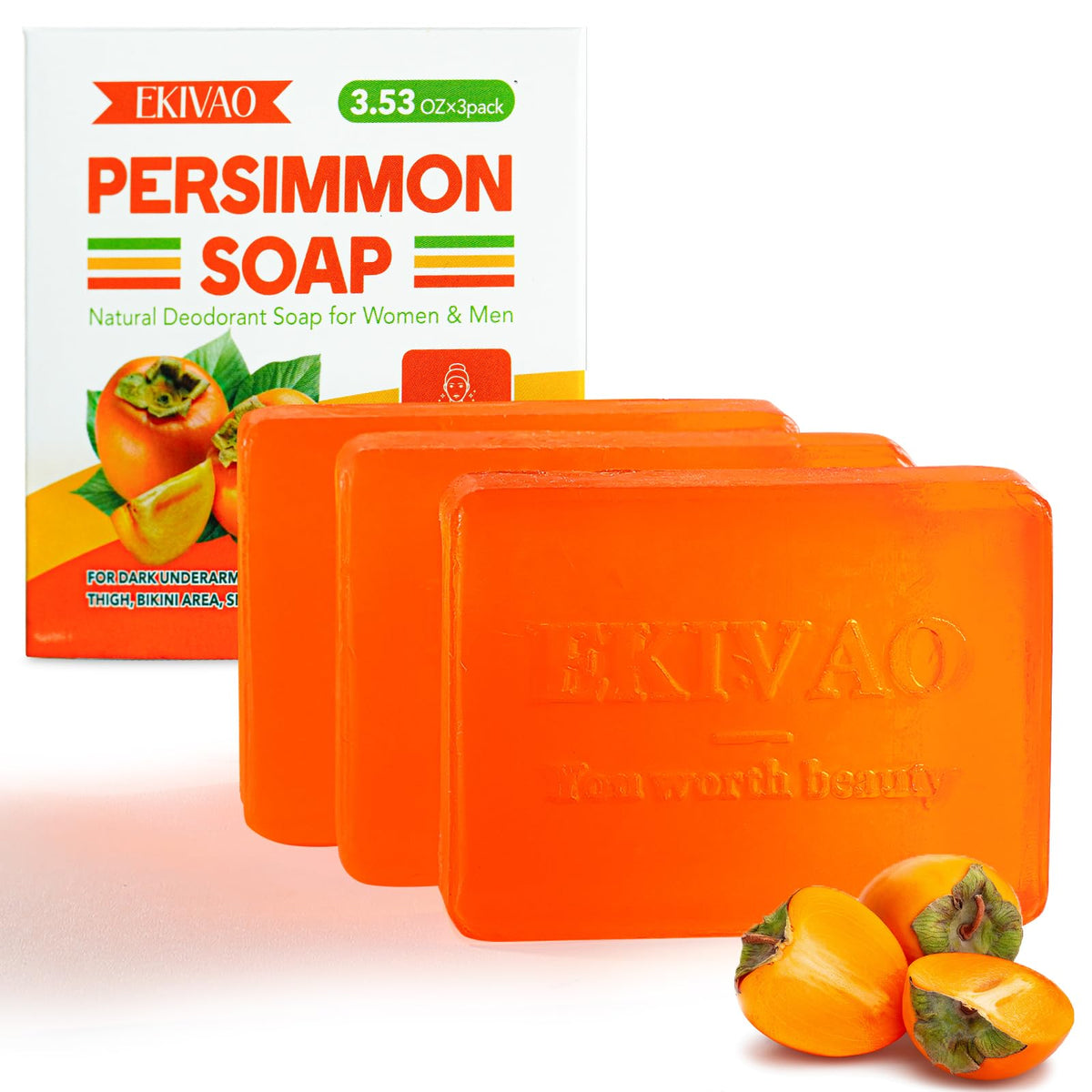 EKIVAO persimmon soap front packaging showing three bars and benefits