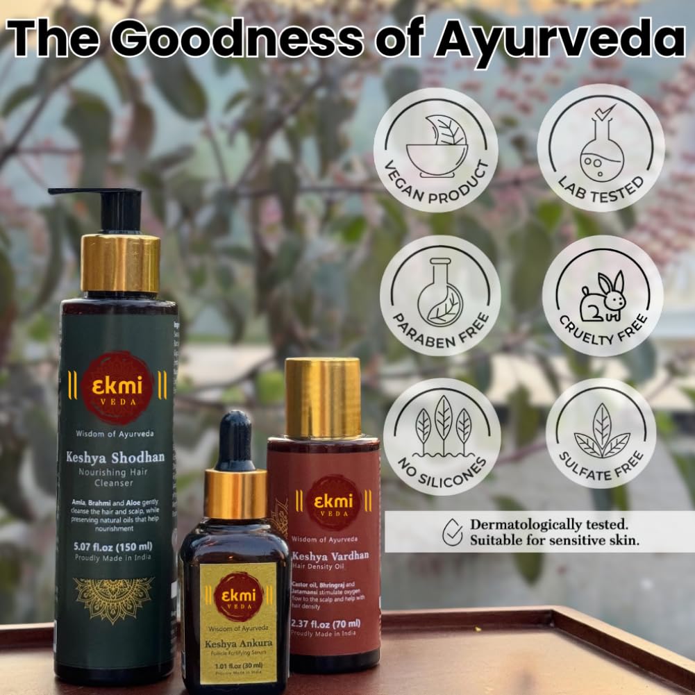 EKMIVEDA herbal ingredients flatlay featuring bhringraj, amla and bhrami benefits