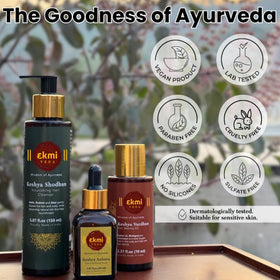 EKMIVEDA herbal ingredients flatlay featuring bhringraj, amla and bhrami benefits