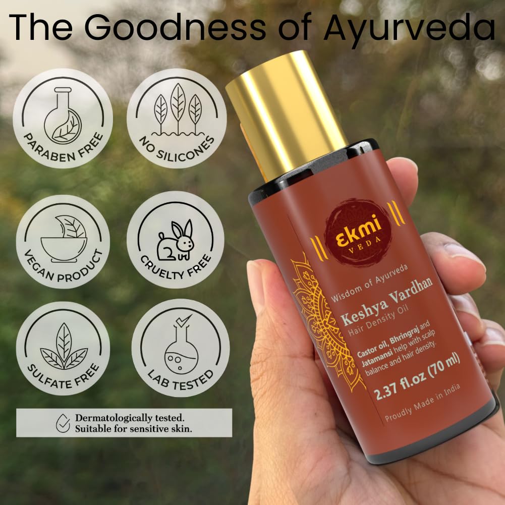 EKMIVEDA bottle in hand showing 2.37 fl oz size and scale