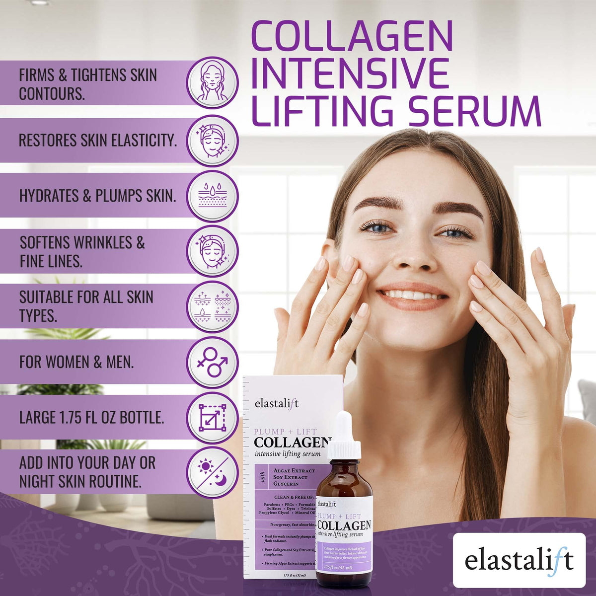 Serum spread on hand with Elastalift visible emphasizing fast absorption and hydration benefit