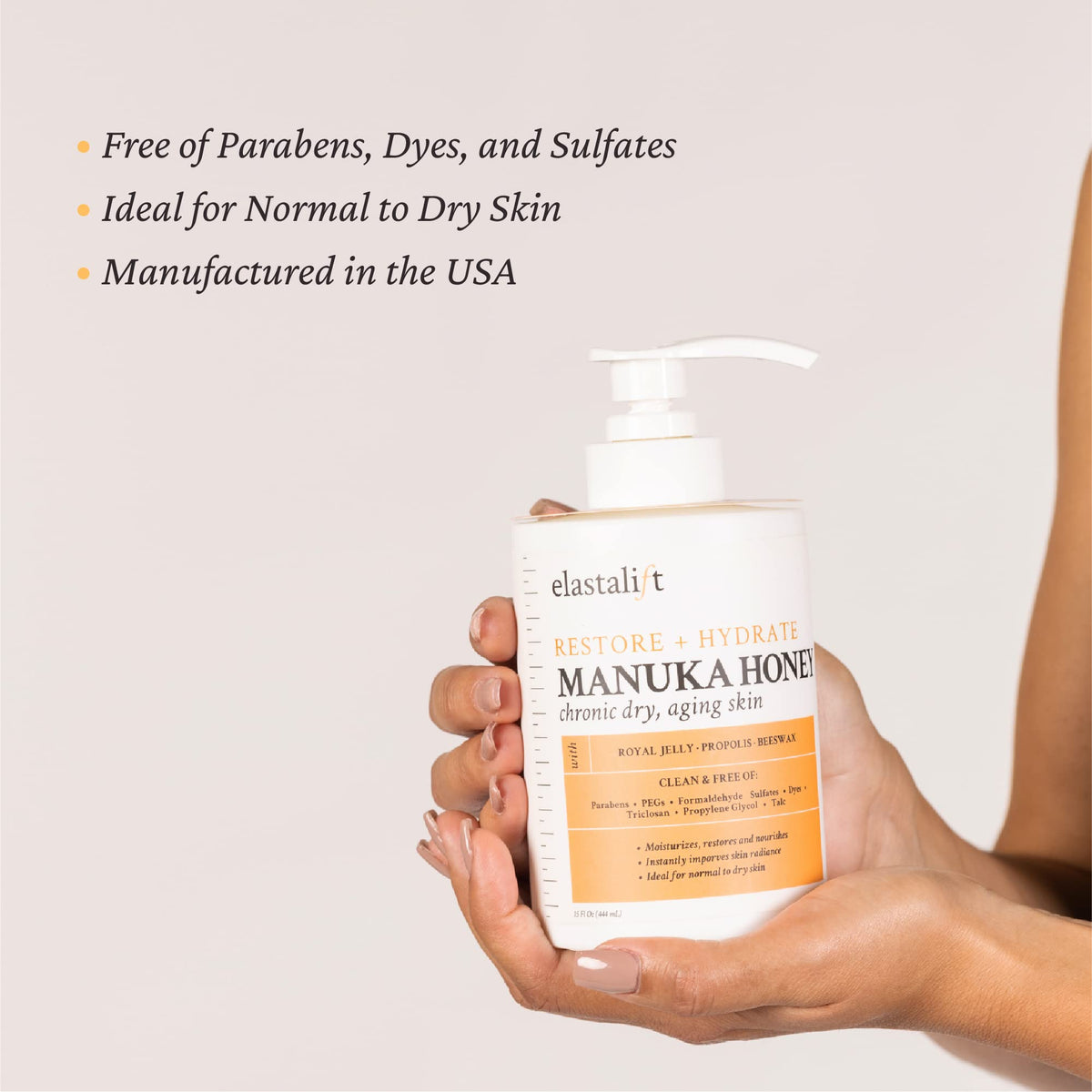 Elastalift ingredients display with royal jelly and aloe, showing nourishing benefits