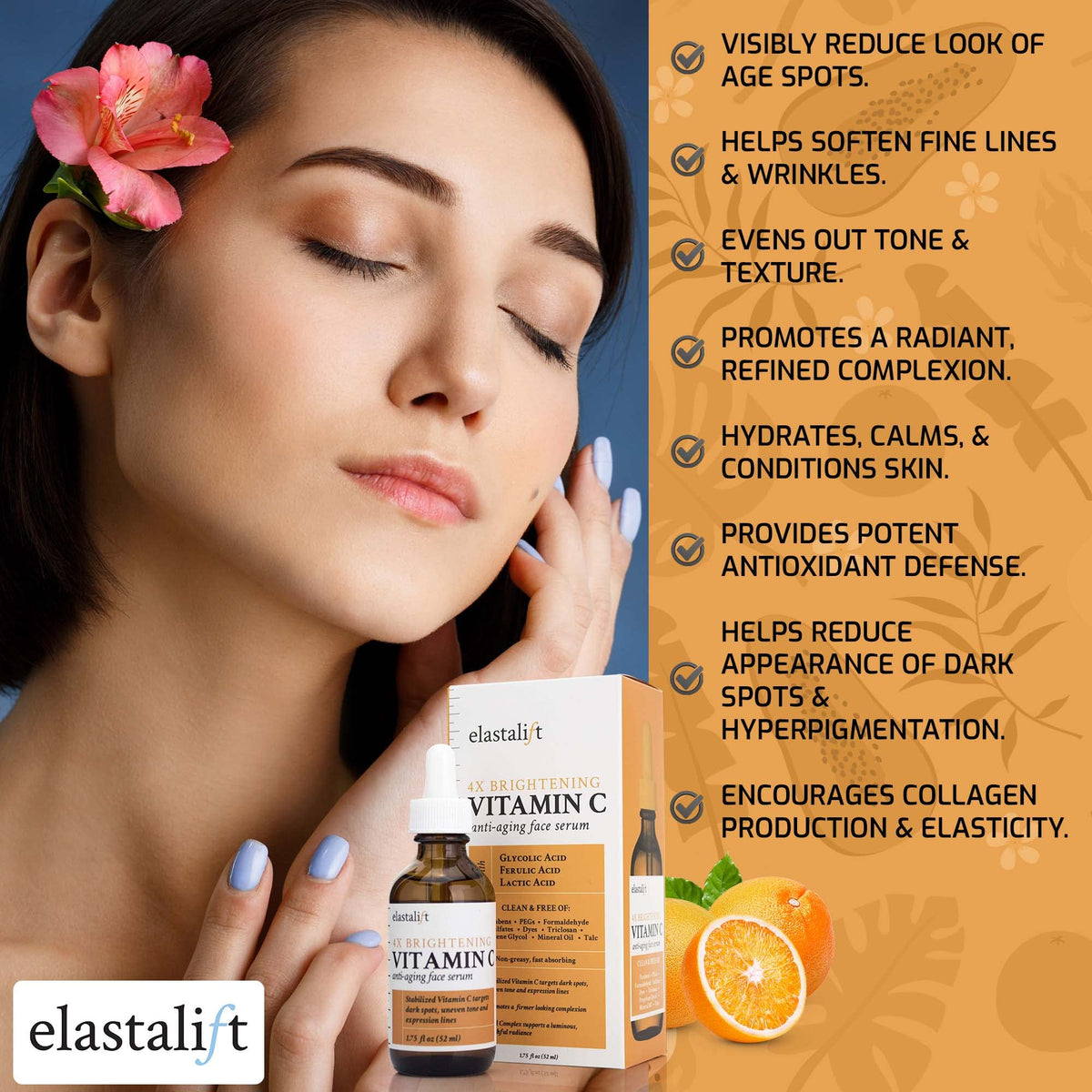 Elastalift ingredient display with vitamin C and acids for brightening